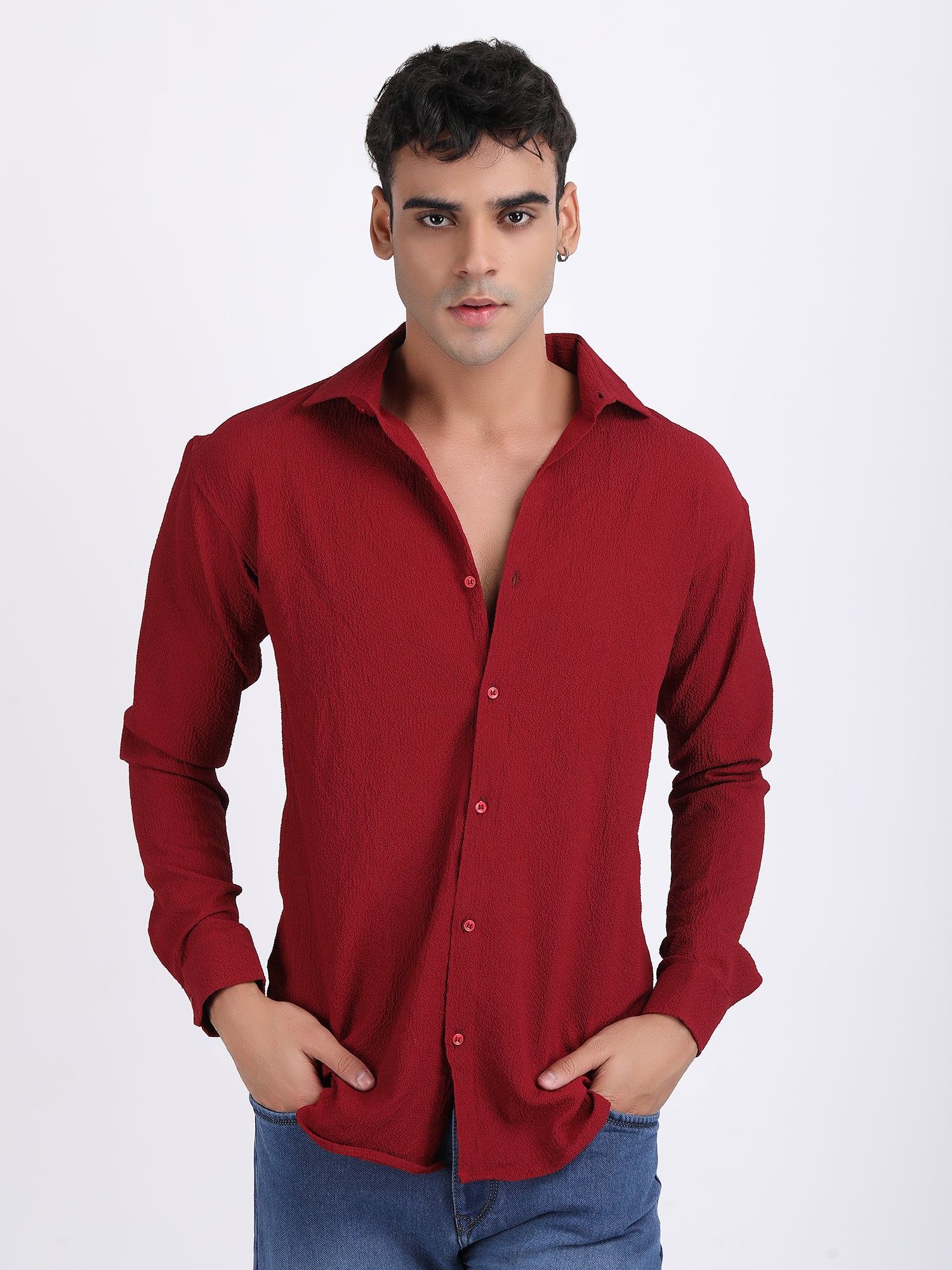 Red Popcorn Texture Full Sleeves Shirt